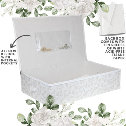 Breathable White with Silver Floral Design Large Wedding Dress Box - Underbed Storage Boxes, Wedding Dress Storage Box