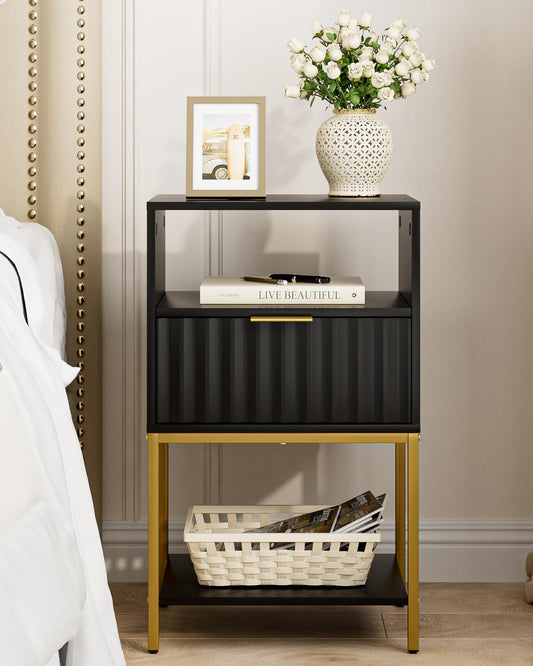 HEYZOEY Bedside Table,Side Table with Gold Frame,Tall Black Bed Side Table,Bedside Furniture,3-Tier Storage End Table,Nightstand for Bedroom,Living