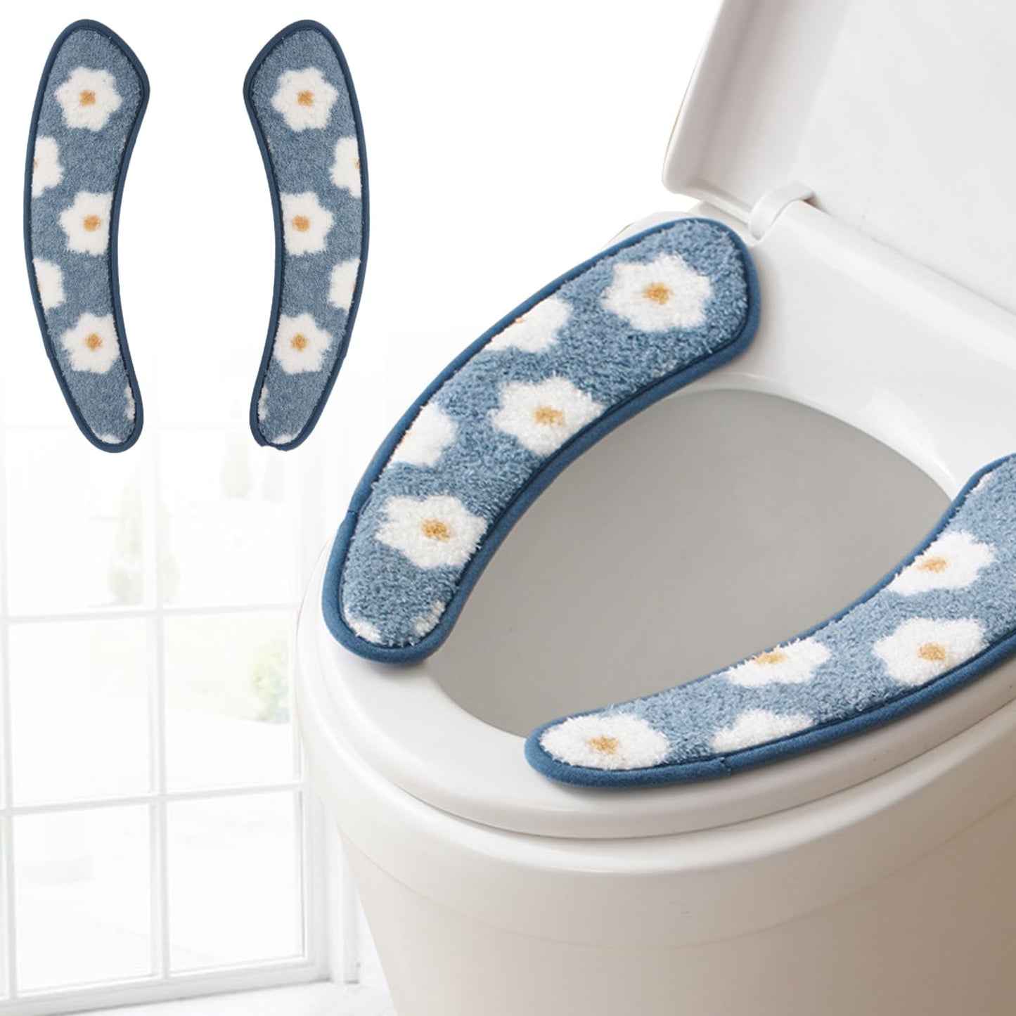 Iensen Thick and Warm Toilet Seat Cover – Washable, Reusable Cushion with TPR Adhesive & Floral Pattern for Comfort & Insulation (Blue)