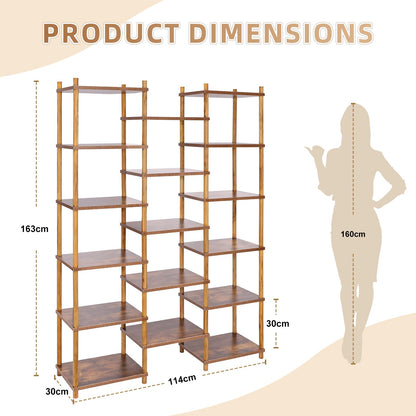 YGYQZ Shelving Unit, Cube Storage Unit with 17 Shelves, Tall Bookshelf Wooden Open Bookcase for Living Room, Home Office, Rustic Brown 114x30x163 cm