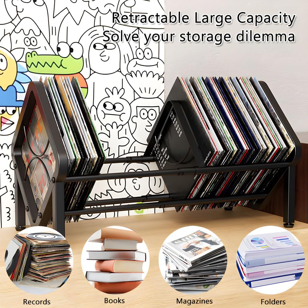 Axroad Mall Expandable Vinyl Record Storage Holder, Metal Album Record Stand 40-80 LP, Adjustable Desktop CD Display Stand for Albums, Audio