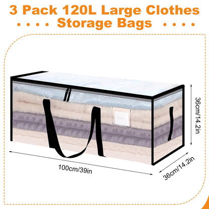 Yafe 3 Pack Large Clothes Storage Boxes with Lids, 120L Moving Bags