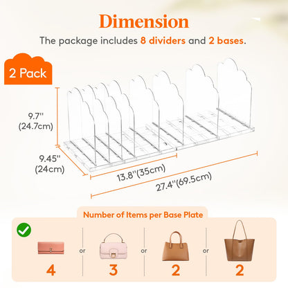 Lifewit Adjustable Handbag Organiser for Wardrobe, 24.7 cm Tall Clear Plastic Purse Organiser for Closet, 4 Pack Bag Shelf Divider in Bedroom/Closet