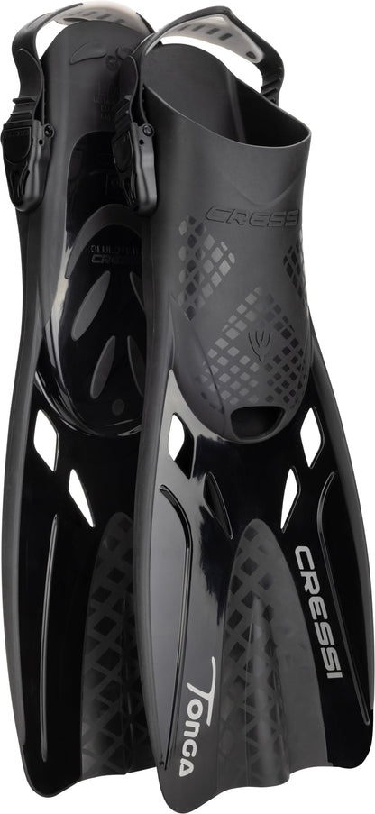 CRESSI Tino Adventure Set Black/Graphite [S/M] - Snorkel Set Tonga Fins, Tino Mask and Scilla Snorkel for Snorkelling and Diving, Black/Graphite, S/M,