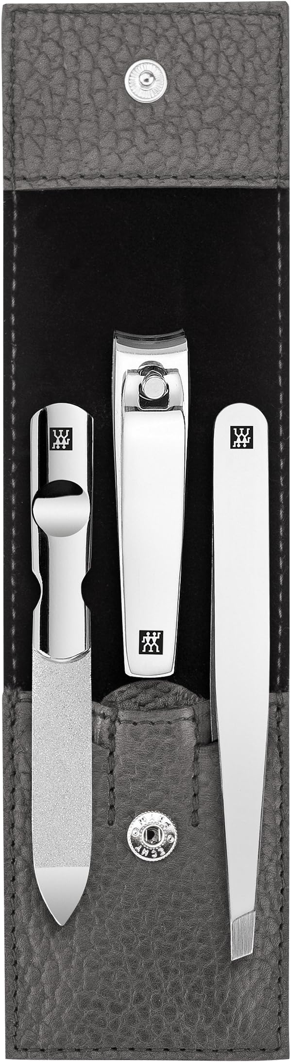 ZWILLING Manicure Set (3 Pieces, Nail Care and Pedicure, Genuine Leather Case, with Nail Clipper), Polished Stainless Steel, Anthracite