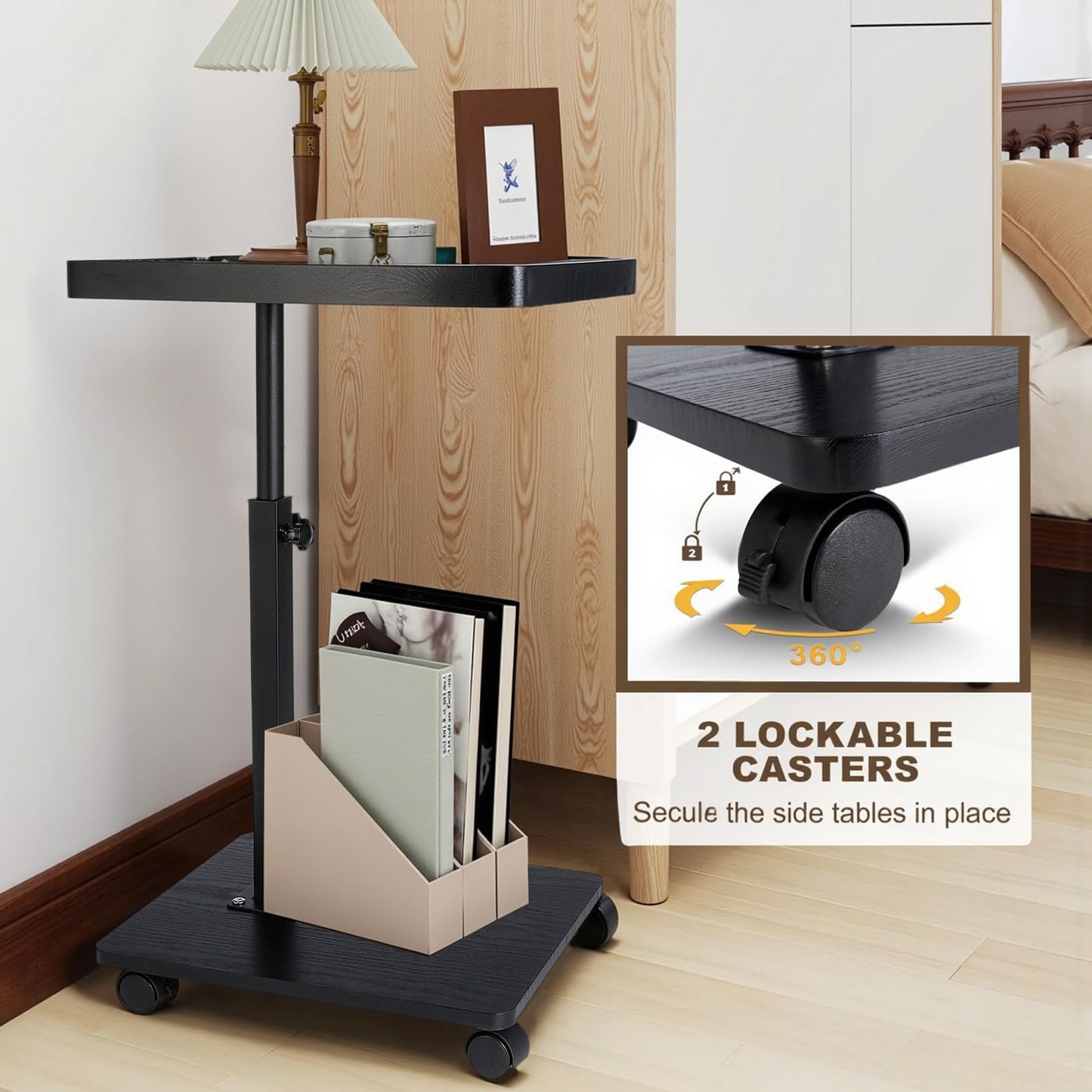 C Table End Table Adjustable Height 360° Swivel TV Tray Table With Wheels