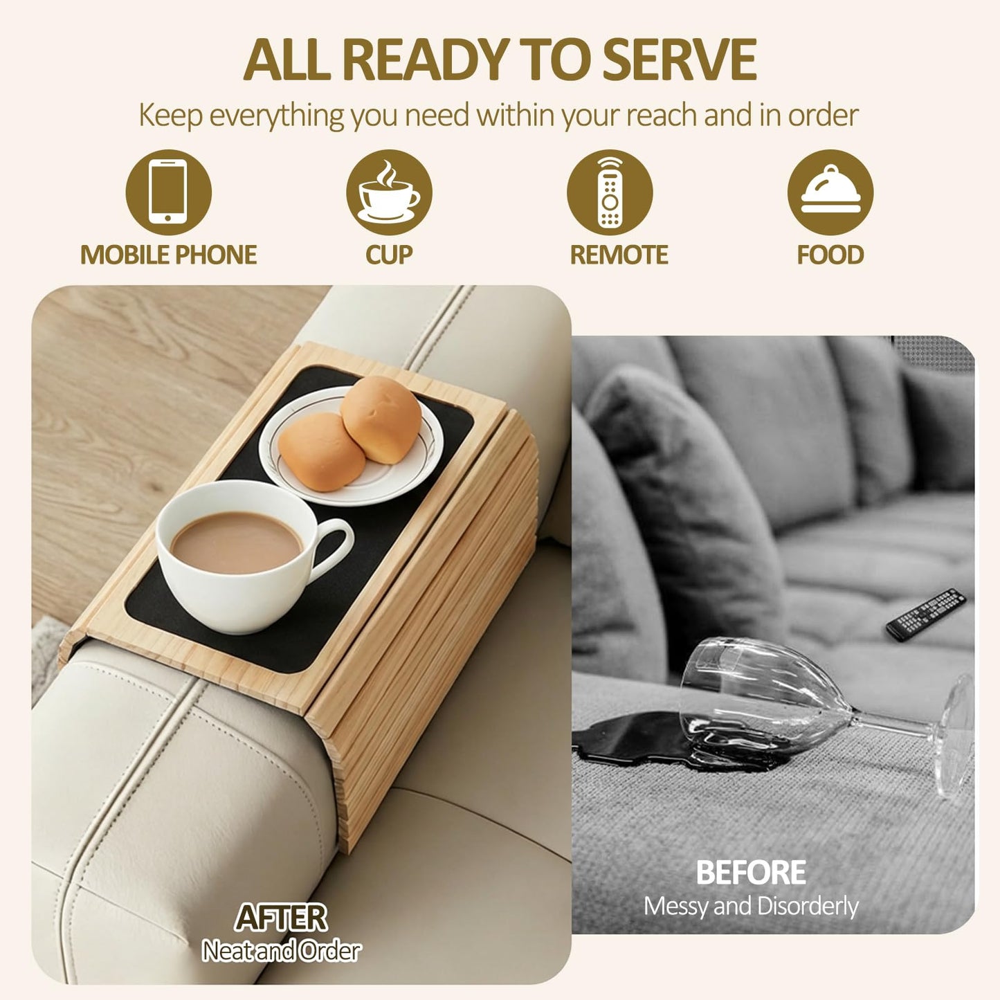 Sofa Arm Tray Natural Bamboo, Foldable Couch Arm Table with Black Coaster, Non-Slip Sofa Armrest Organizer for Recliners and Sectionals