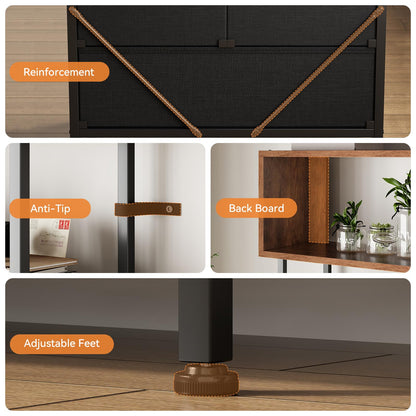 Coleshome 5-Shelf Bookcase With 3 Fabric Drawers, 60 x 24 x 155cm, Vintage