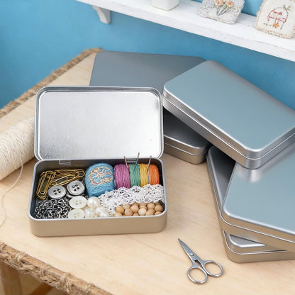 Thintinick 6 Pieces Rectangular Metal Hinged Tins, Silver, 15x9x3cm