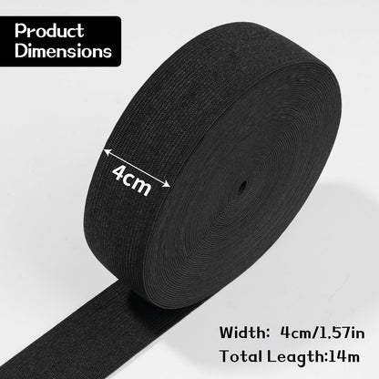AiQInu Elastic Tape 4cm x 14m - Elastic for Sewing Belt, Wide Band for Clothing & DIY, Black