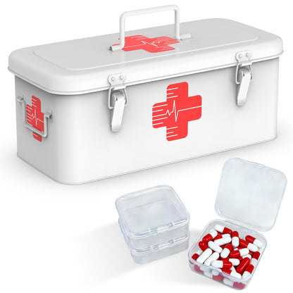 Orionstar First Aid Medicine Box, First Aid Cabinet with Top Handle, Metal Medicine Storage Tin with 3 Portable Medicine Boxes