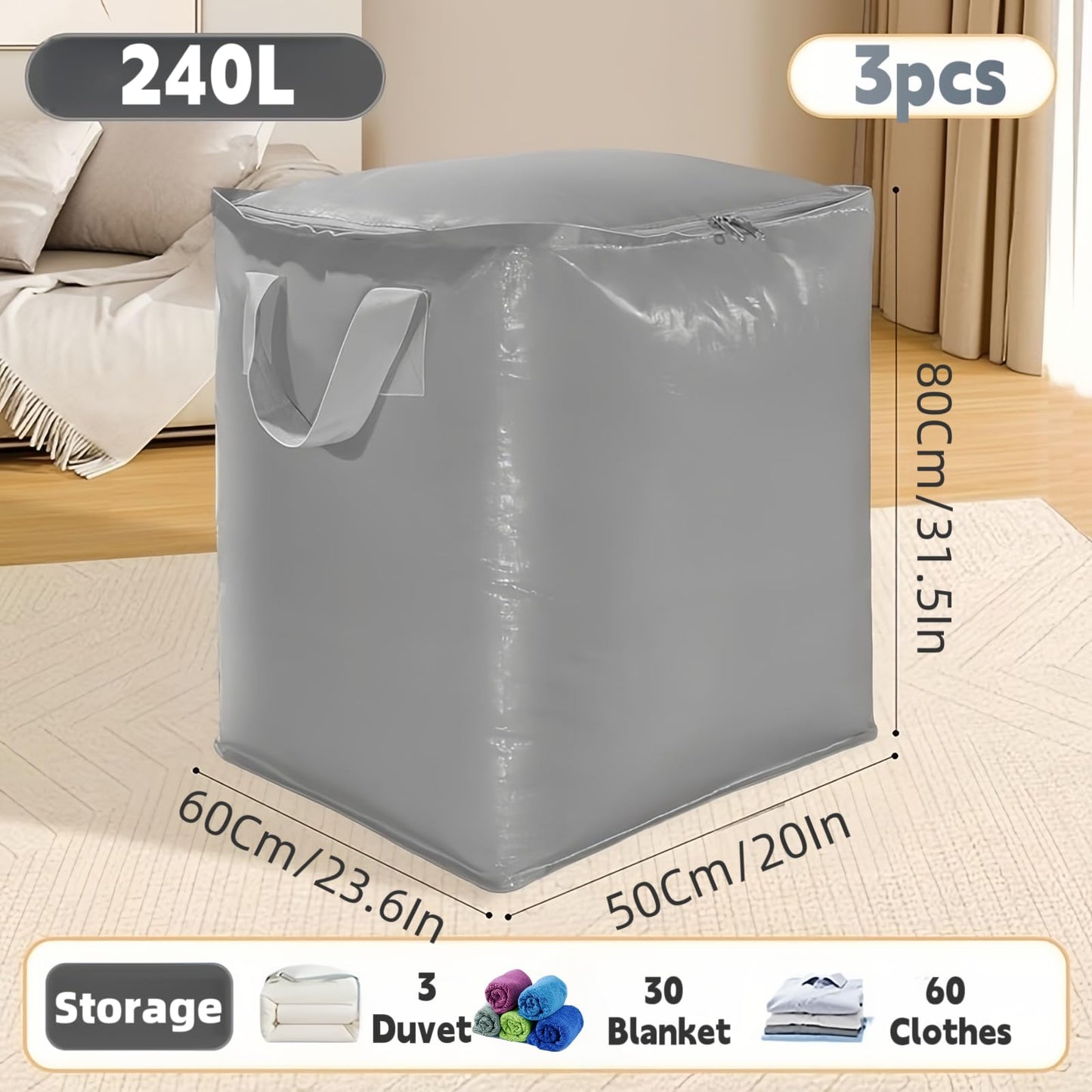 3-Pack 240l Large Moving Bags – Heavy Duty Waterproof Removal Bag with Double Zip Pulls,Ideal for Moving, College Dorms, Loft Storage