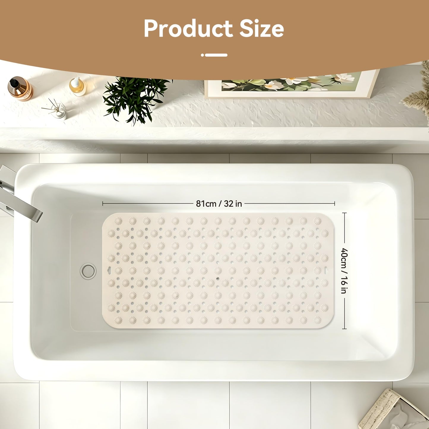 Volminex Non-Slip Bath Mat, Shower Mats, Bathtub Mat, Off-white, 80×40cm