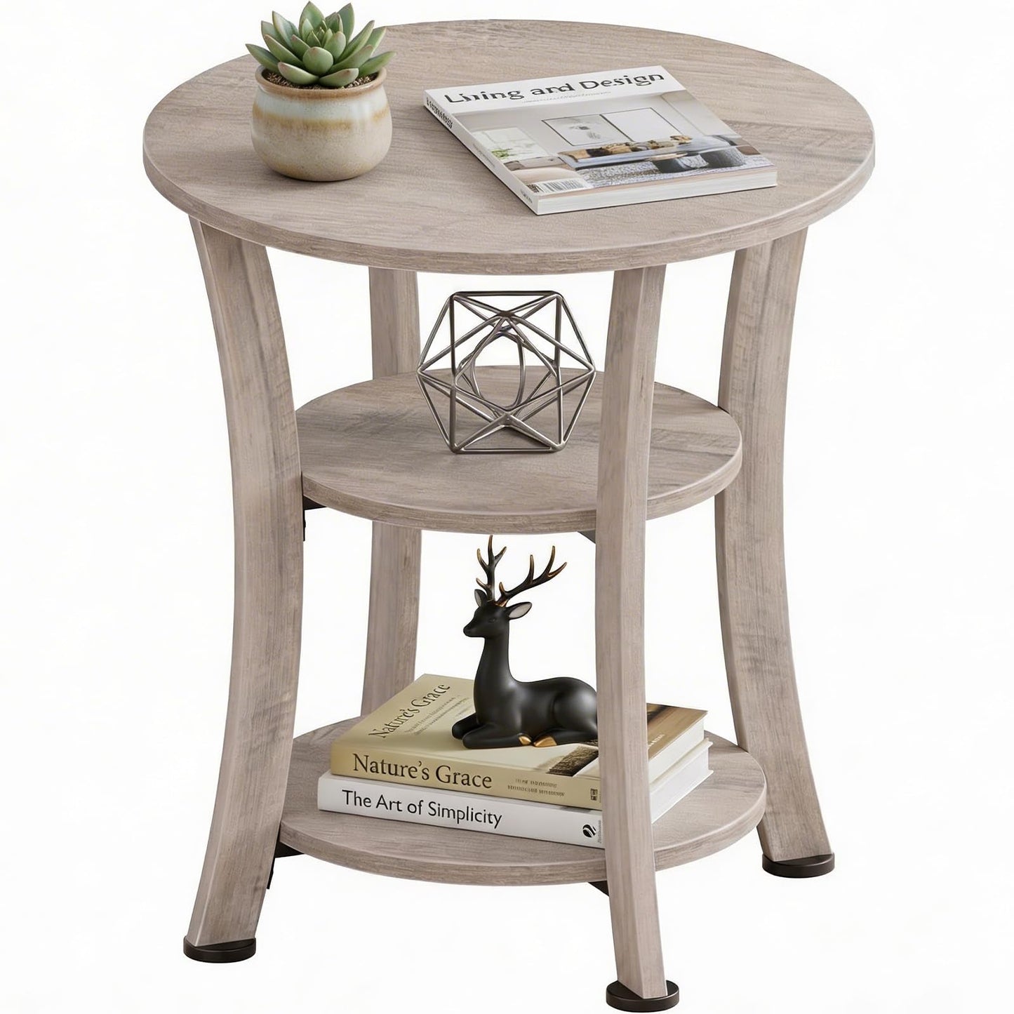 Yuede Round End Table, 3 Tier Side Table with Storage, Farmhouse Wood Side Table, Vintage Sofa Bedside Table Coffee Table for Bedroom Living Room