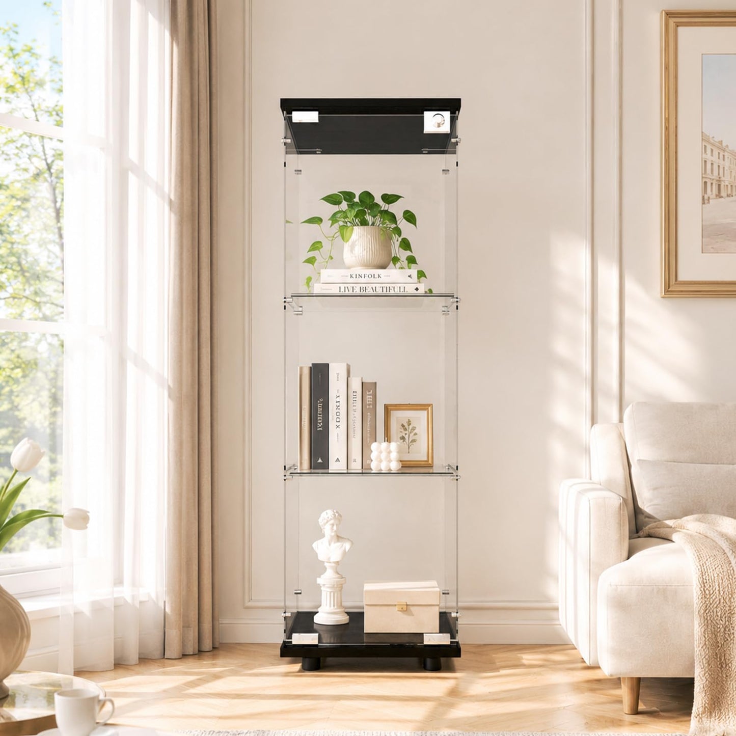 Beauty4U 3-Shelf Single Door Glass Display Cabinet, 125cm Tall, Black