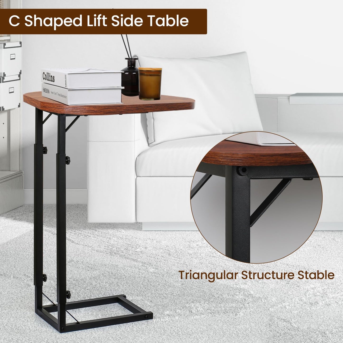 OFIDELITY Side Table, Height Adjustable C table, End Table for Sofa, Couch & Bedside