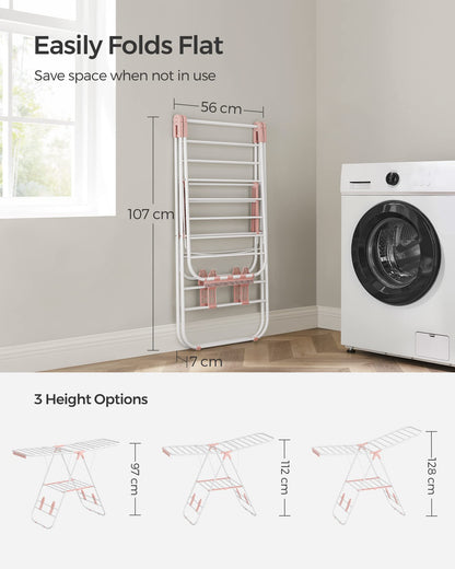 SONGMICS Clothes Airer, Foldable Clothes Drying Rack, Clothes Horse with Height-Adjustable Wings, Free-Standing Laundry Drying Rack, Indoor and