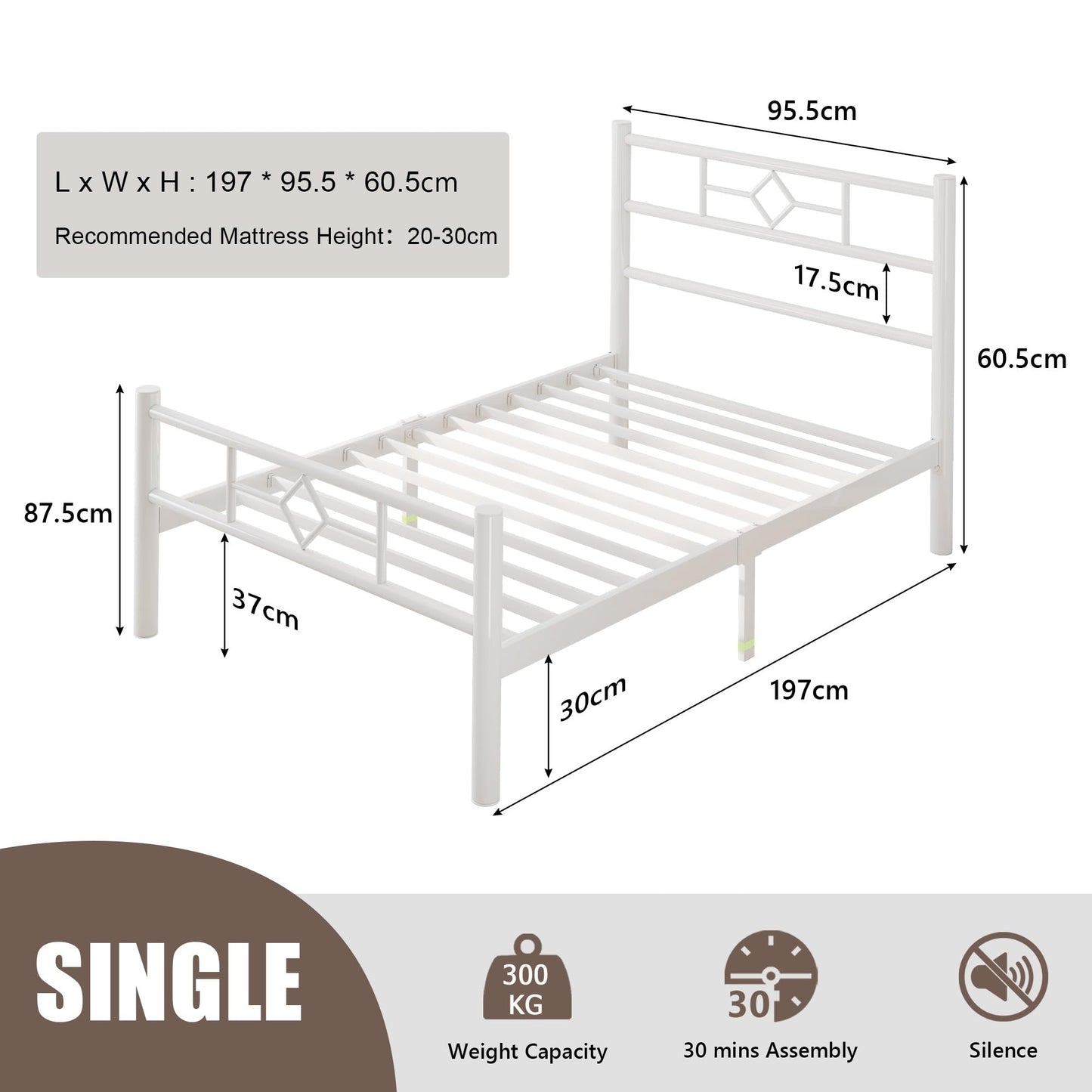 Feonase Single Bed Frame 3ft with Headboard & Footboard, Single Metal Bed Frame with Heavy Duty Metal Slat Support, Ample Under-bed Storage