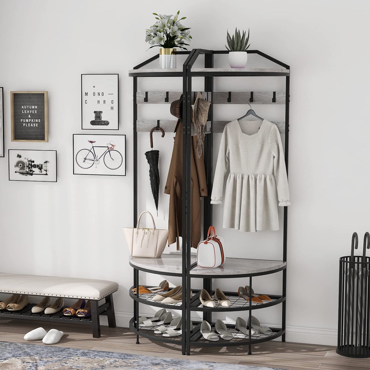 VEDECASA Corner Hall Tree Coat Rack with Shoe Bench and Storage Shelf 4-Tier Freestanding Entryway Corner Organizer with 10 Metal Movable Hooks and