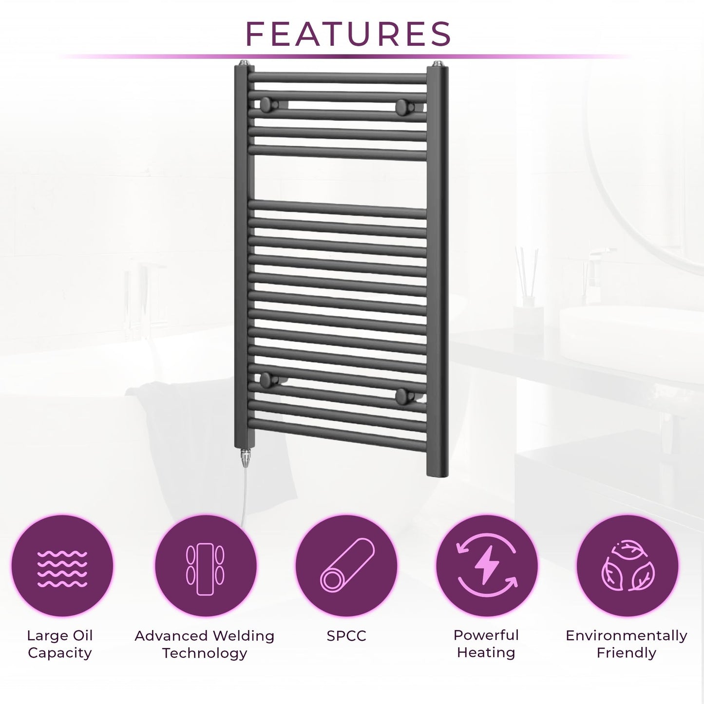 Newark Anthracite Electric Heated Towel Rail Wall Mounted Slim Ladder Design Bathroom Radiator - 770mm x 500mm