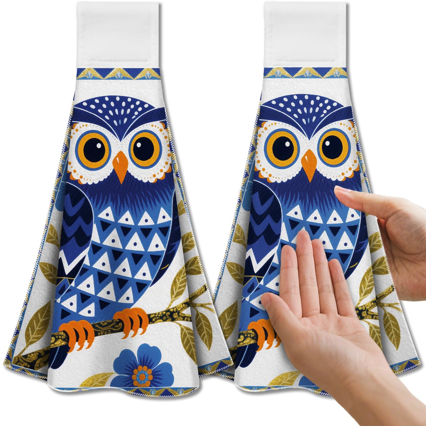 CUTHOLLOW 2Pcs Blue Owl and Flower Tea Towels for Kitchen with Loop, 31.5x43.5cm Soft Super Absorbent Microfiber Decorative Hanging Dish Towel, Tea,