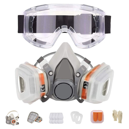 LAMANICE Half Facepiece Respirator, Reusable Chemicals Respirator with 8Pcs Filter Cottons and Goggle Earplug Gloves for Painting,Gas, Dust, Machine