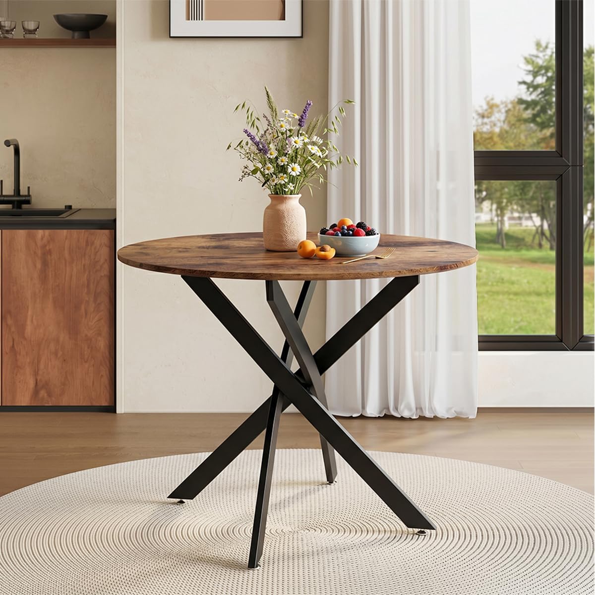 NIERN Round Dining Table 80cm, Space-Saving Wooden Kitchen Table for 2-4 People, Sturdy Black Metal Legs,Compact Dining Table for Small Spaces, Brown