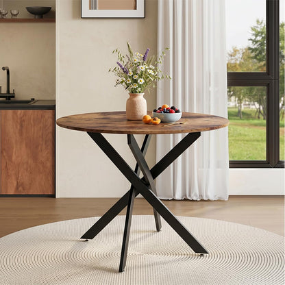 NIERN Round Dining Table 80cm, Space-Saving Wooden Kitchen Table for 2-4 People, Sturdy Black Metal Legs,Compact Dining Table for Small Spaces, Brown