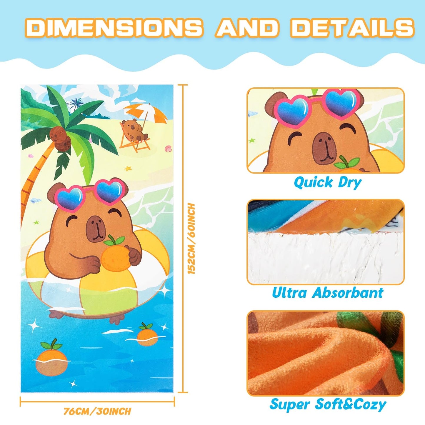 WERNNSAI Capybara Microfibre Beach Towel for Kids, 76 x 150cm Bath Towel