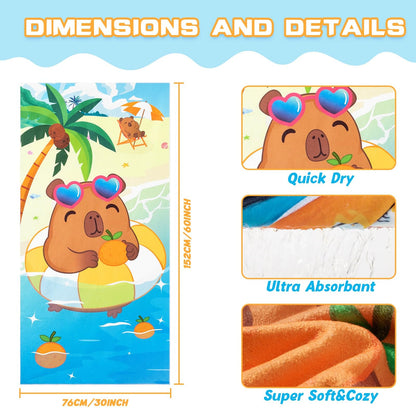 WERNNSAI Capybara Microfibre Beach Towel for Kids, 76 x 150cm Bath Towel