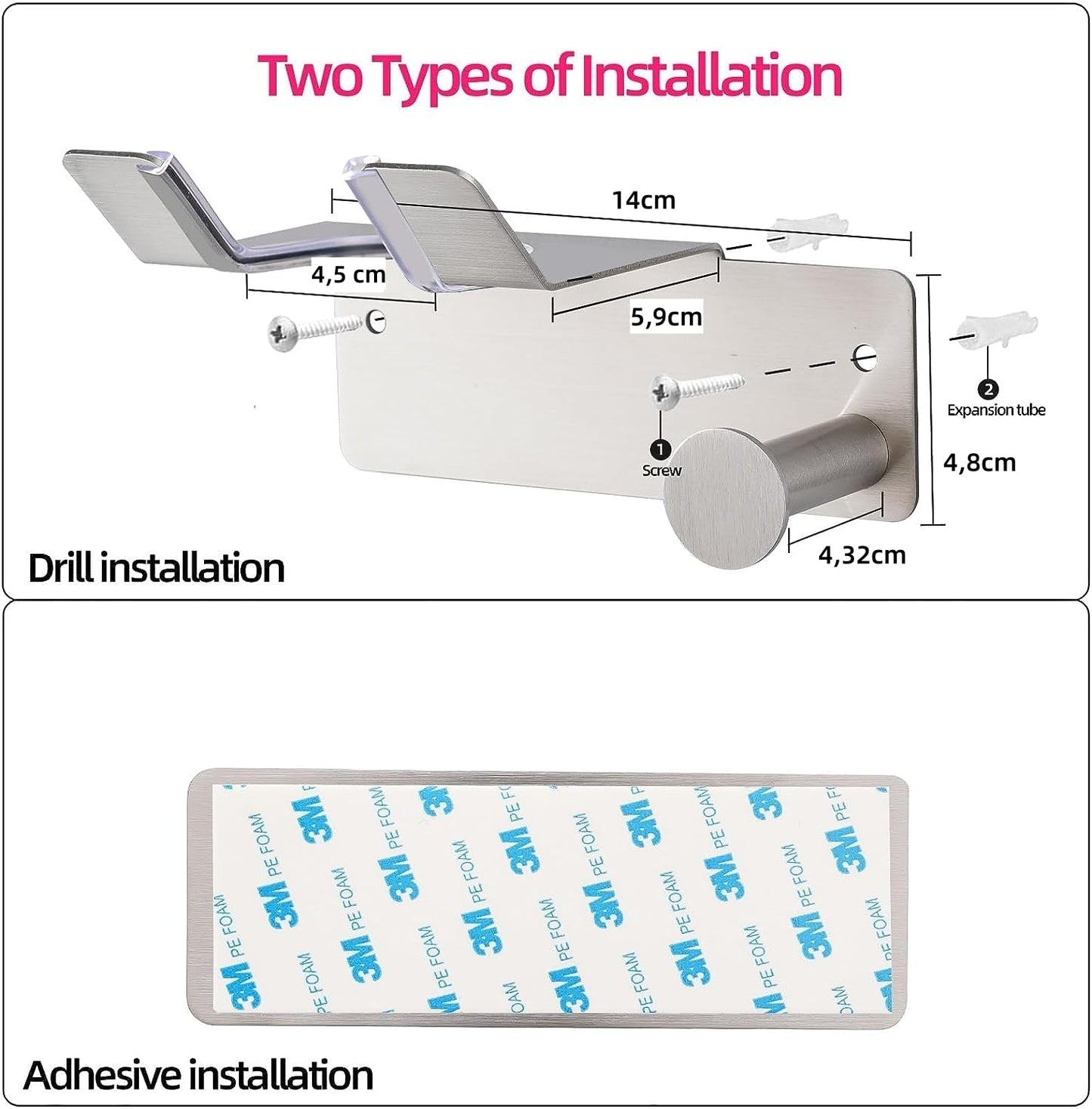 Hair Dryer Holder, Hairdryer Holder Wall Mounted for Bathroom, Stainless Steel Hairdryer Holder Station Adhesive or Drilling Installation