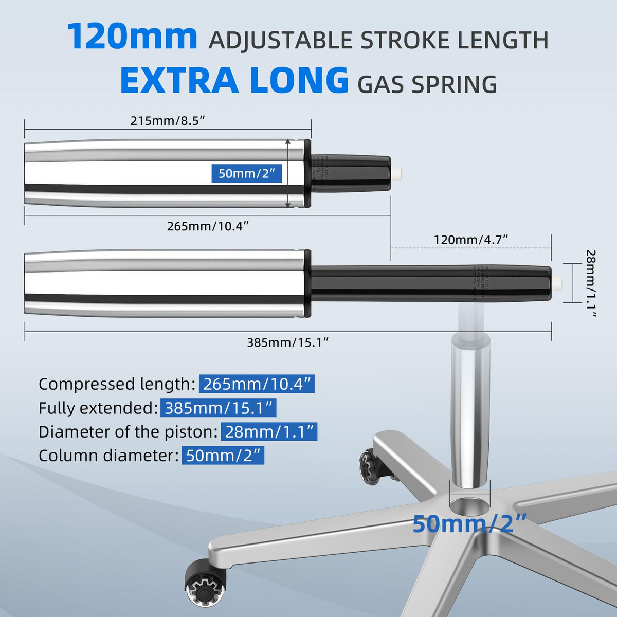 WEWILL Gas Lift for Office Chairs, Gas Spring Office Chair Replacement, Maximum Load 450 kg, Height-Adjustable Gas Pressure Damper for Swivel Chairs