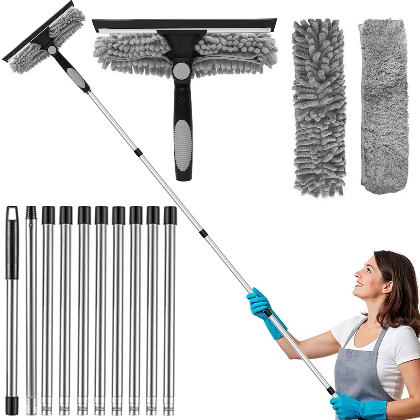 4.3 M Window Cleaning Equipment, Telescopic Window Cleaner Tool With Silicon Window Squeegee And Cleaning Cloth,Shower Squeegee Floor Squeegee For