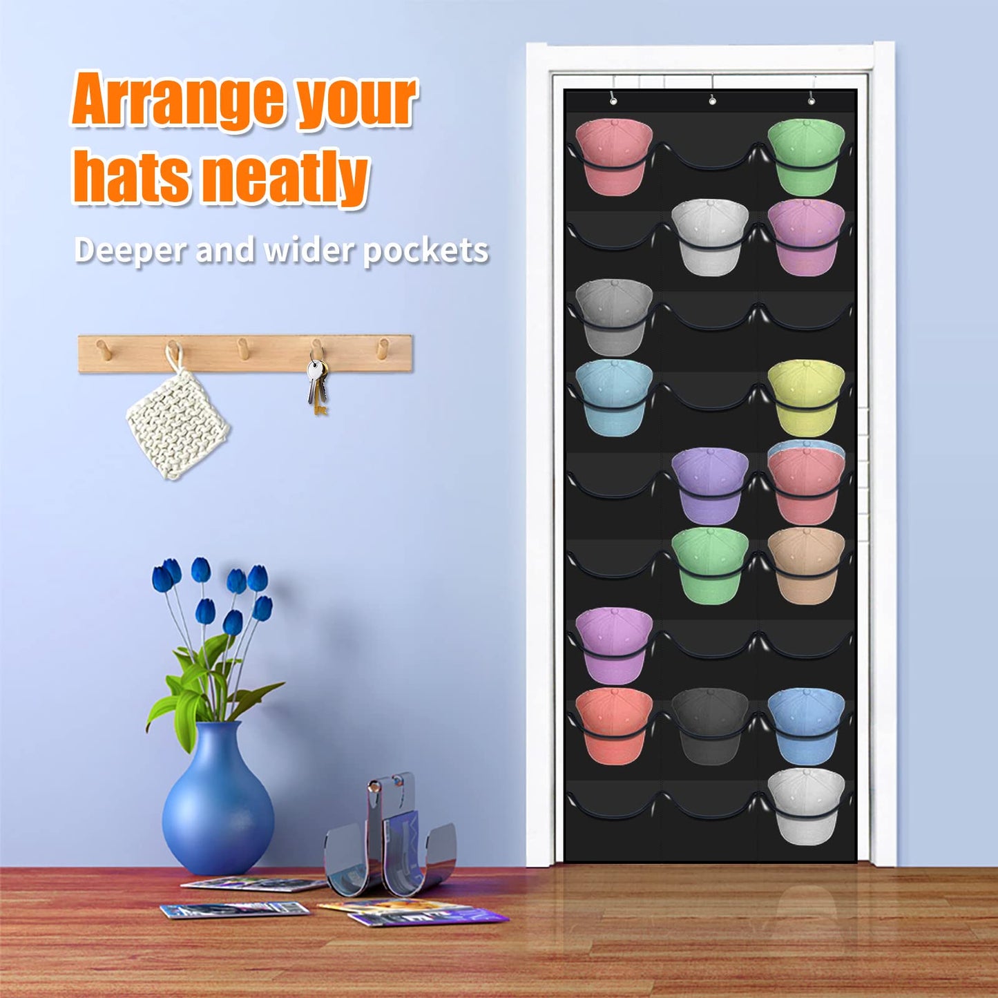 clbutge Baseball Cap Organizer, 27 Pocket Over The Door Hat Rack, Clear PVC Pockets, Fitted Hat Storage, Wall Mount Bag, Hat Holder Hanger