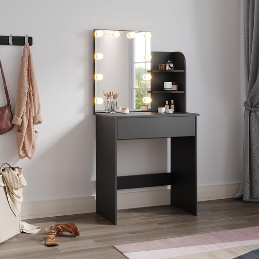 ZANOFIRA Dressing Table with LED Lights Mirror, Vanity Table with Dimming & 3 Color Modes, Wooden Modern Makeup Desk with 1 Drawer 3 Shelves for