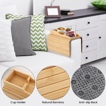 Bamboo Sofa Armrest Tray With Cup Holder, Anti-Slip Foldable Table for Drinks, Cellphone, Remote Control