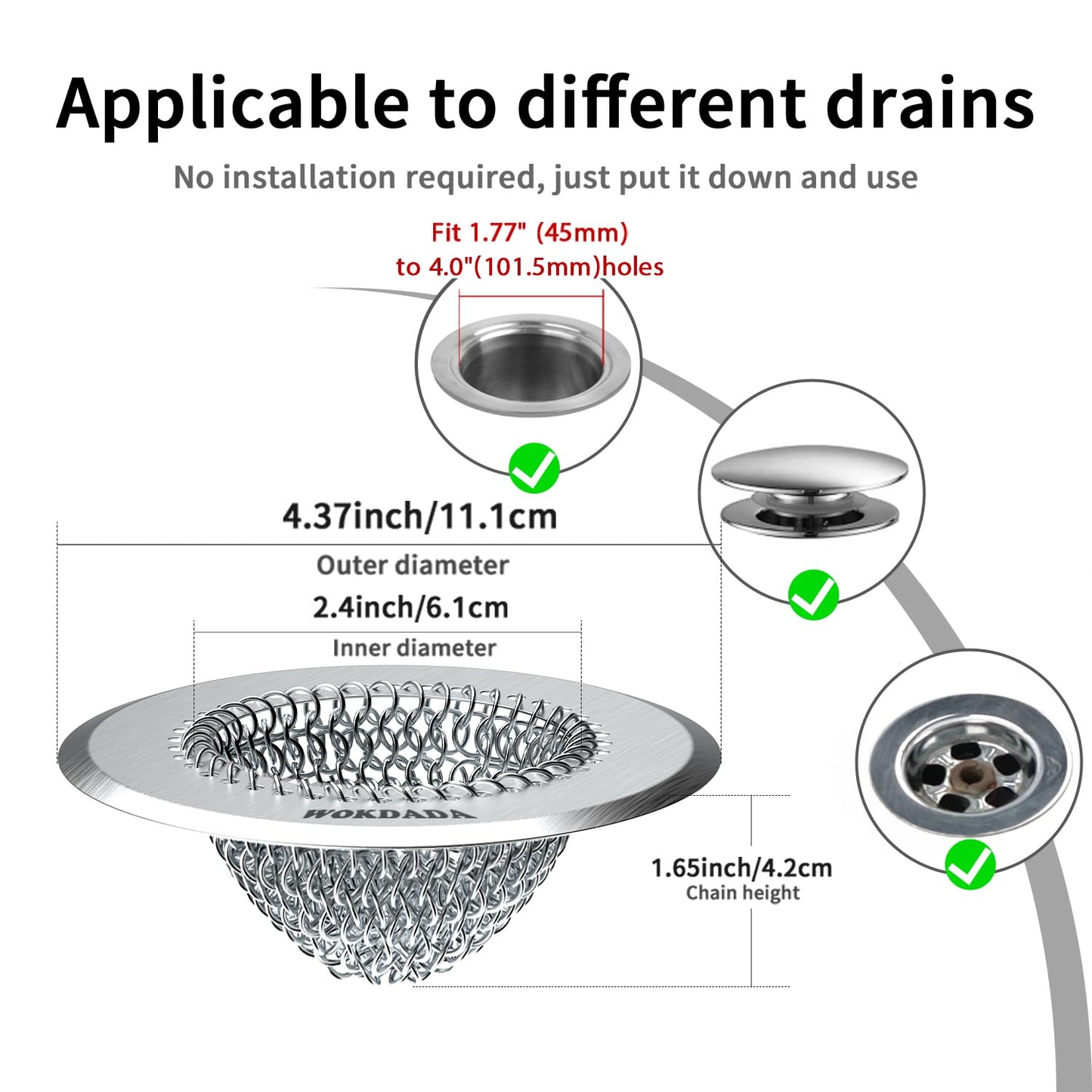 2 Pack WOKDADA Shower Drain Cover, Fast Drainage Hair Catcher for Shower Drain, Reversible 304 Stainless Steel Drain Protector, Fits Shower, Bathtub