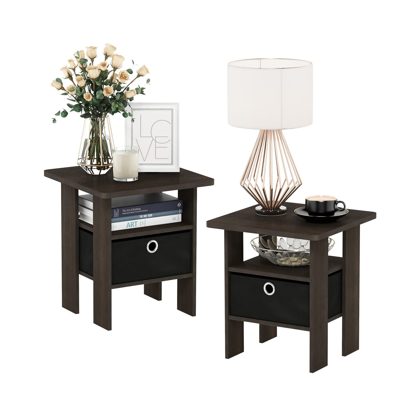 Furinno ANDREY Side Table, Set of 2 End Table, Night Stand with Open Shelves and Storage Bin, Bedside Table, for Living Room, Bedroom, Dark Brown