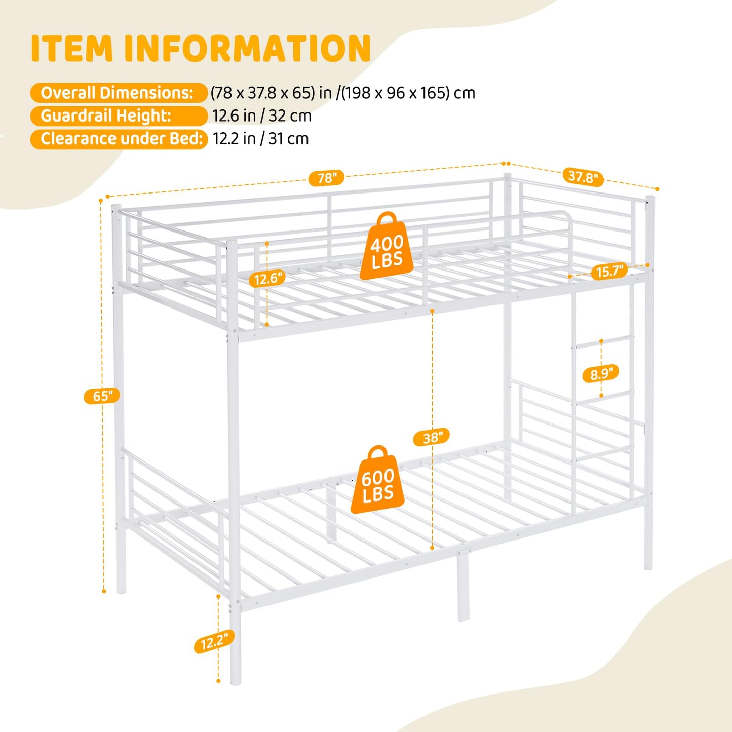 Bonnlo Metal Bunk Bed, Single over Single Loft Bed Frame with Ladder and Safety Guardrail