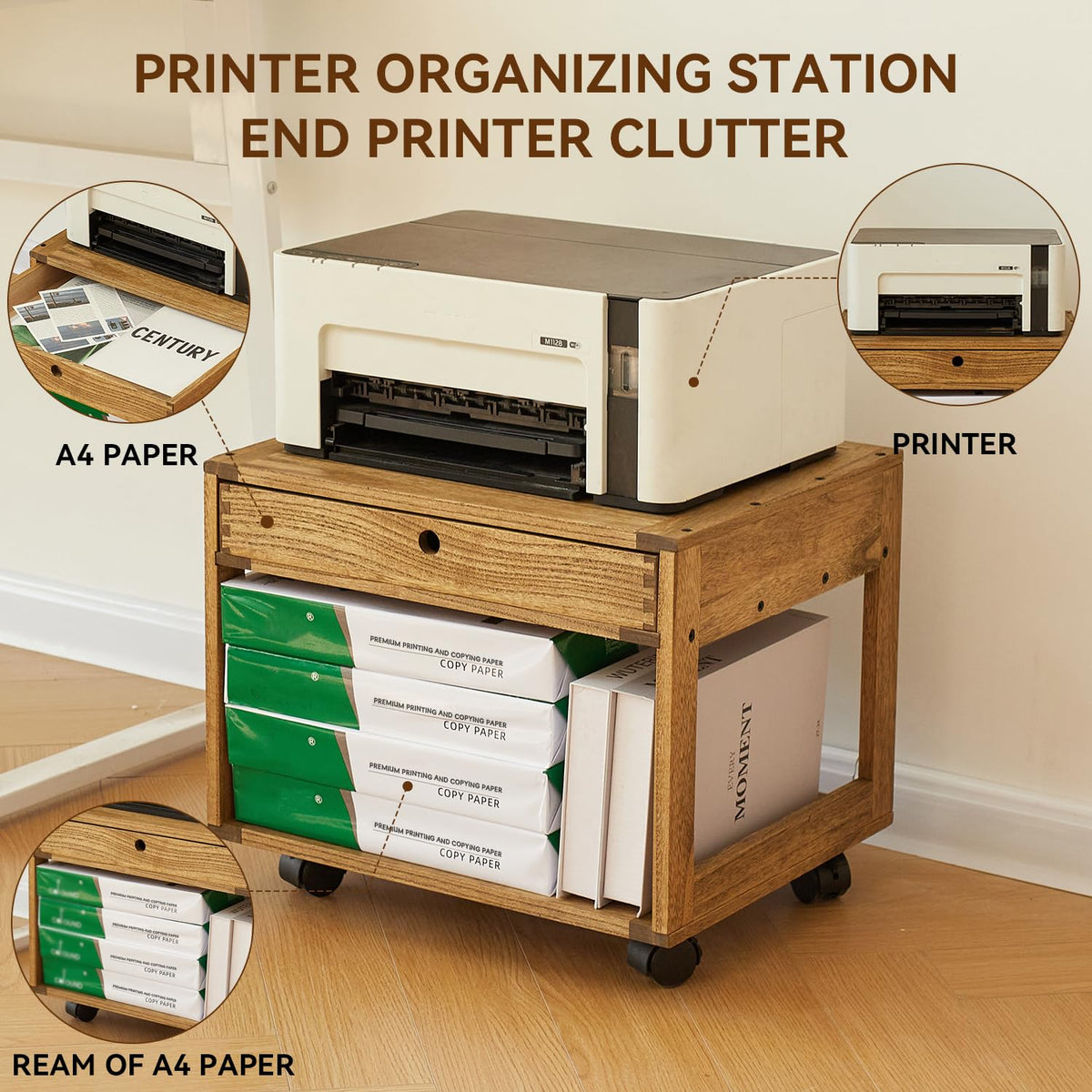 KIRIGEN Solid Wood Printer Stand with a Drawer, 2 Tier Printer Table fit Fax Scanner/3D Printer