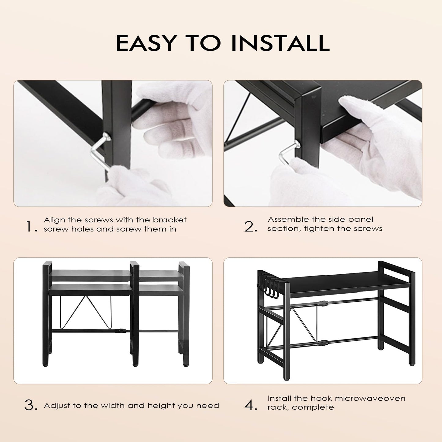Haipky 2-Tier Adjustable Microwave Oven Rack, Expandable Kitchen Countertop Shelf with 6 Hooks, Metal Baker Rack, Space-Saving Kitchen Organizer