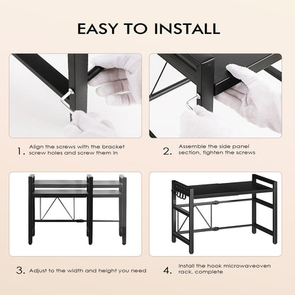Haipky 2-Tier Adjustable Microwave Oven Rack, Expandable Kitchen Countertop Shelf with 6 Hooks, Metal Baker Rack, Space-Saving Kitchen Organizer