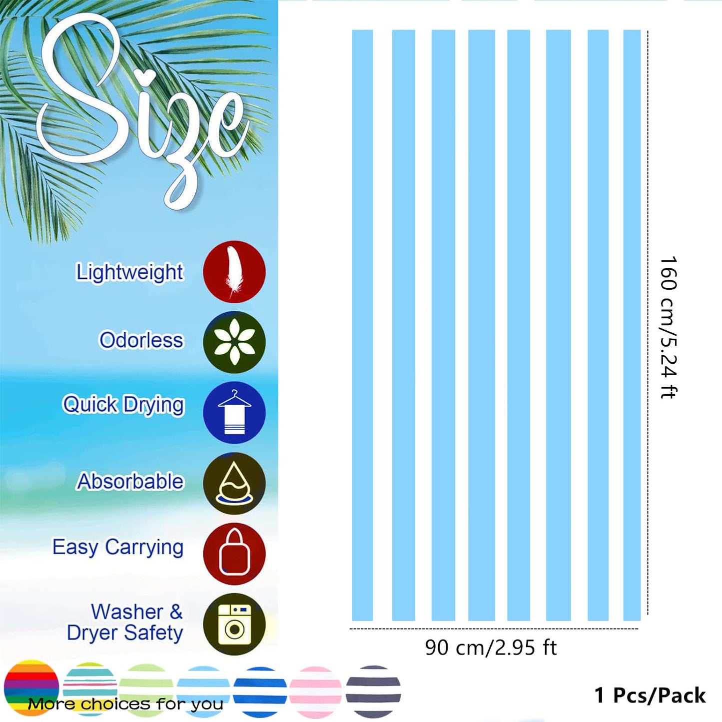 Large Microfibre Beach Towel for Adult,160x90cm Double Side Sand Free Beach Towel,Blue Striped Lightweight Quick Dry Travel Swim Towel with