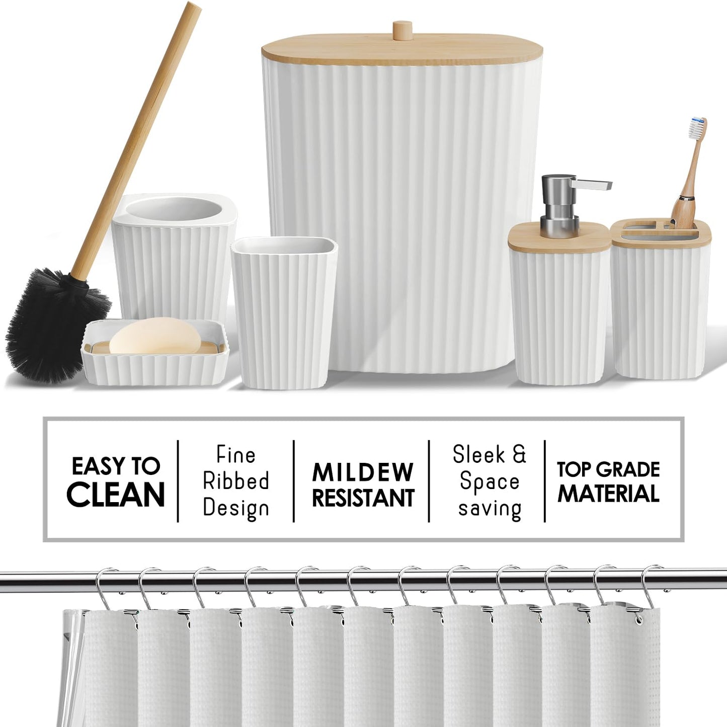 Clara Clark Bathroom Accessories Set - Bathroom Accessory Set with Shower Curtain Set, Toilet Brush, Trash Can & Soap Dispenser & Rugs