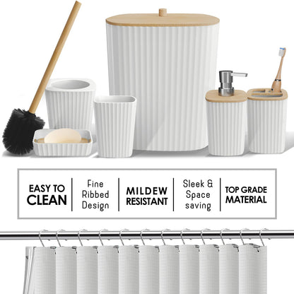 Clara Clark Bathroom Accessories Set - Bathroom Accessory Set with Shower Curtain Set, Toilet Brush, Trash Can & Soap Dispenser & Rugs