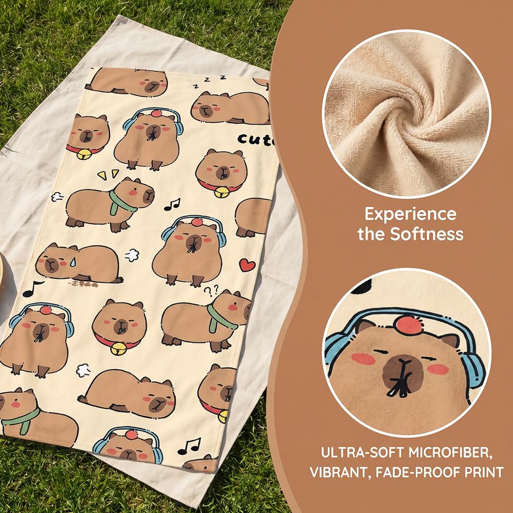 Capybara Microfiber Beach Towel Sand Free Absorbent Extra Large Travel Towels for Adults Kids Microfibre Towels for Adults with Drawstring Bag 2in1