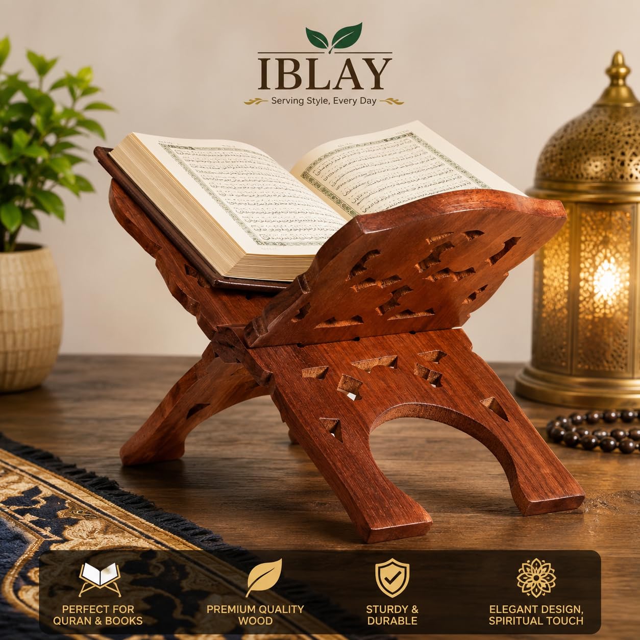 IBLAY Beautifully Hand Carved Quran Holy Geeta Bible Holder Support Folding Religious Prayer Stand Wooden Holy Book Stand