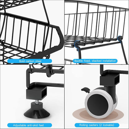PQHIQ 4 Tier Fruit Vegetable Storage Basket Rack With Wheels, Black