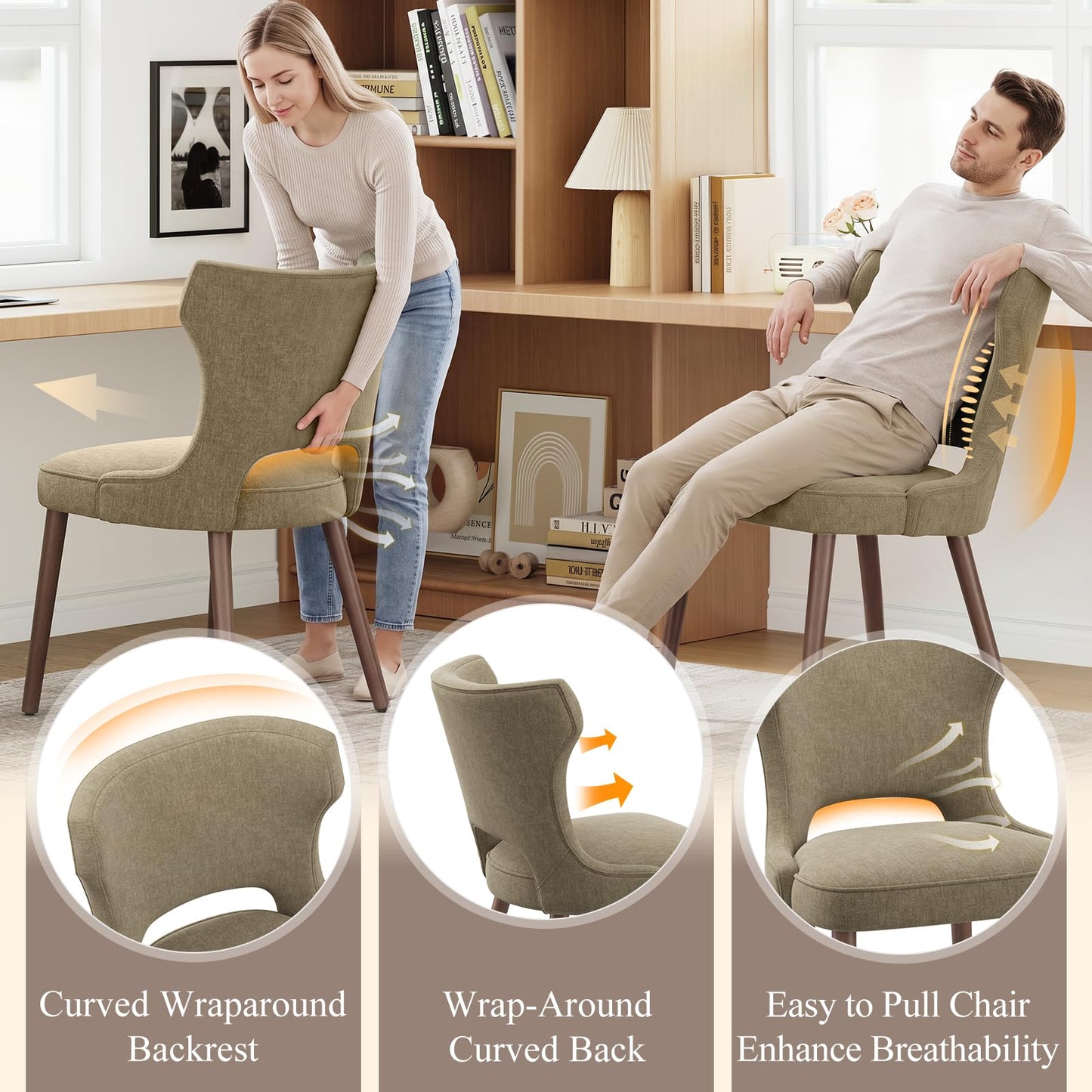 MALOL Upholstered Dining Chairs Set of 2, Dining Room Chairs with Hollow Backrest, High Back Kitchen Chairs with Solid Wood Legs, Thick Seat Cushion