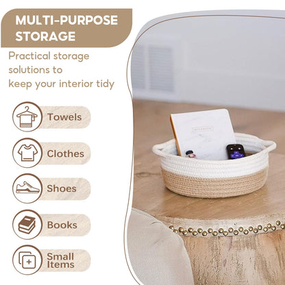 Set of 5 Storage Basket Woven Cotton Rope, Shelf Baskets with Handles for Toy Bathroom Storage